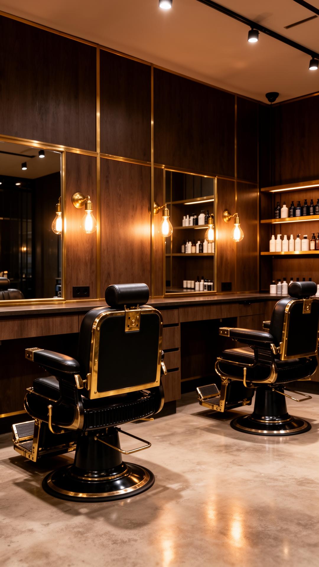 Inside A&J Barbershop — luxury barber chairs and warm lighting